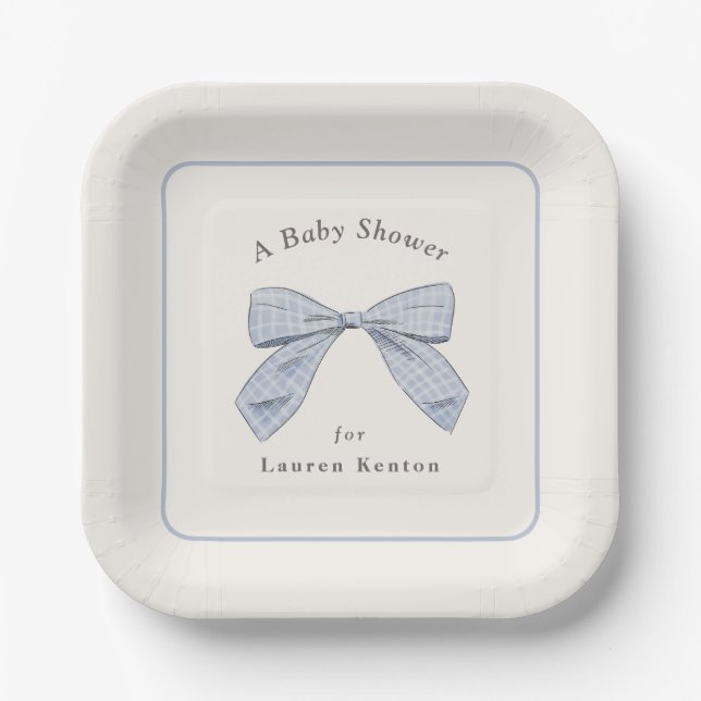 Light Blue Plaid Bow Elegant Boy Baby Shower Paper Plates (Front)