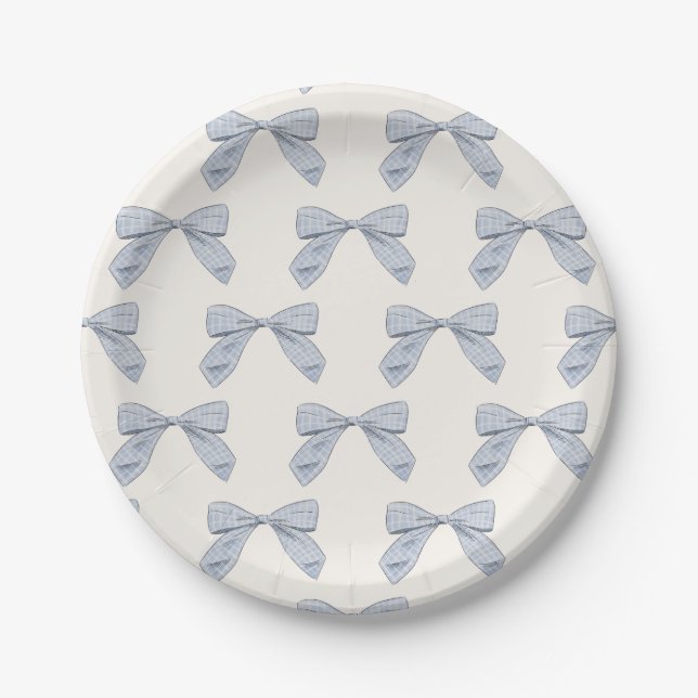 Light Blue Plaid Bow Elegant Boy Baby Shower Paper Plates (Front)