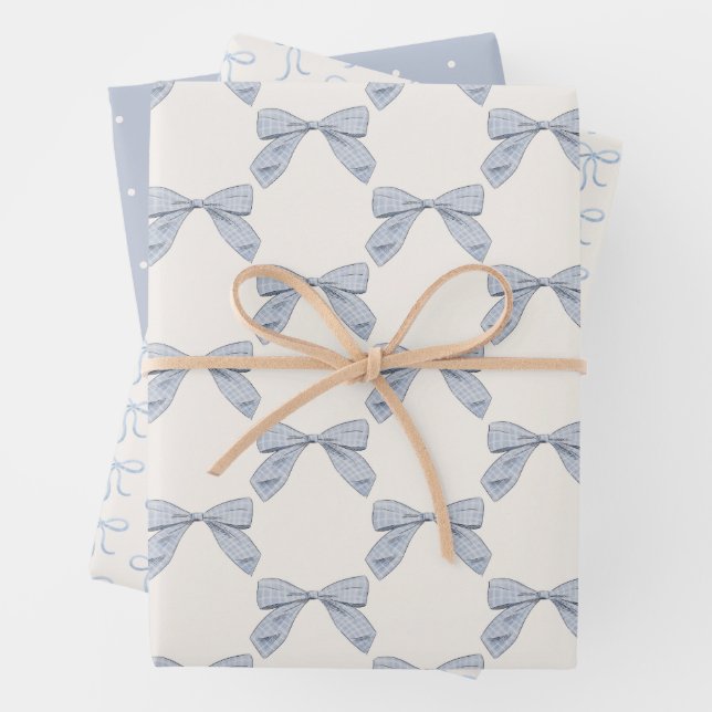 Light Blue Plaid Bow Elegant Boy Baby Shower Wrapping Paper Sheets (In situ)