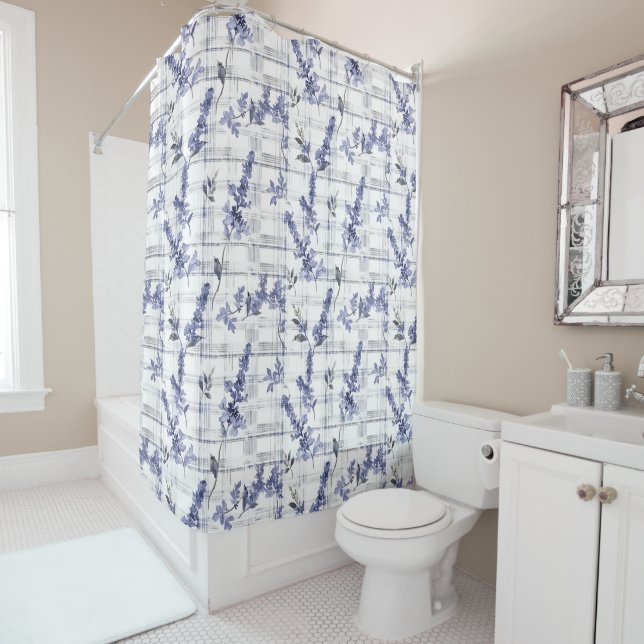 Light Blue Plaid Lavender  Shower Curtain (In Situ)