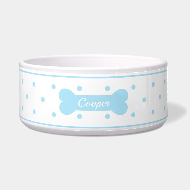 Light Blue Polka Dots With Dog Bone & Name Bowl (Front)