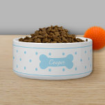 Light Blue Polka Dots With Dog Bone & Name Bowl<br><div class="desc">Simple and cute light blue polka dots pattern together with a blue dog bone silhouette. There is a personalizable text area for the name of the pet on the bone. The font is a beautiful script font in white color. The top and bottom have a light blue border.</div>