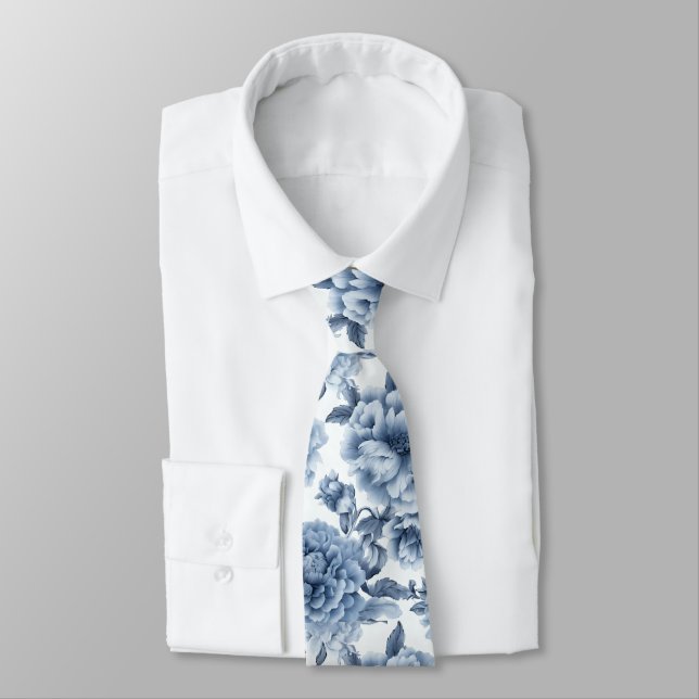 Light Blue Porcelain Floral Wedding Groomsmen Gift Neck Tie (Tied)