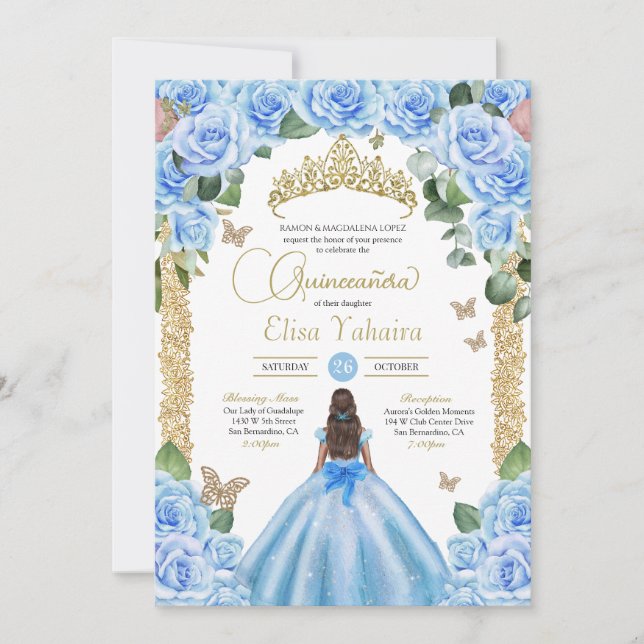 Light Blue Princess Dress Butterfly Quinceanera Invitation (Front)