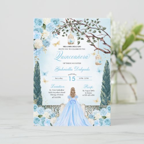 Light Blue Princess Enchanted Garden Quinceanera Invitation