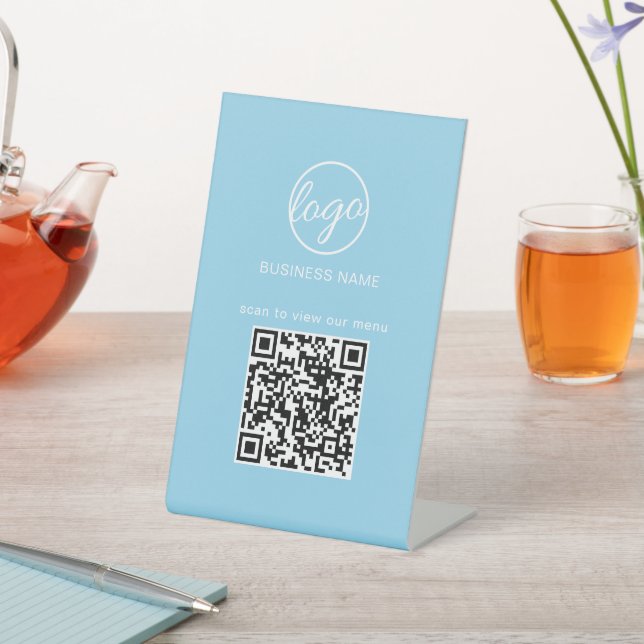 Light Blue QR Code Logo Menu Restaurant Business Pedestal Sign (In SItu)