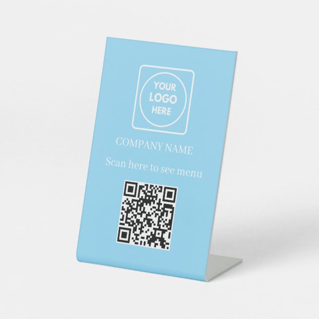 Light Blue QR Code Menu Display Pedestal Sign (Front)