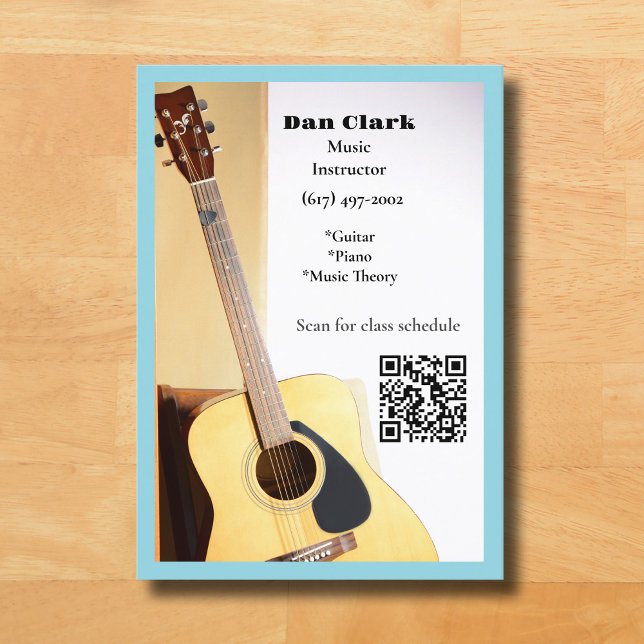 Light Blue QR Code Music Teacher Acoustic Guitar  Business Card (Light Blue Music Teacher Guitar Business Card )