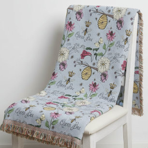 Light Blue Queen Bee Floral Pattern Throw Blanket