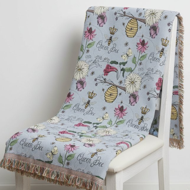 Light Blue Queen Bee Floral Pattern Throw Blanket (Light Blue Floral Nature Inspired Queen Bee Blankets. Bee, Wildflower, Beehive, Flowers Pattern)