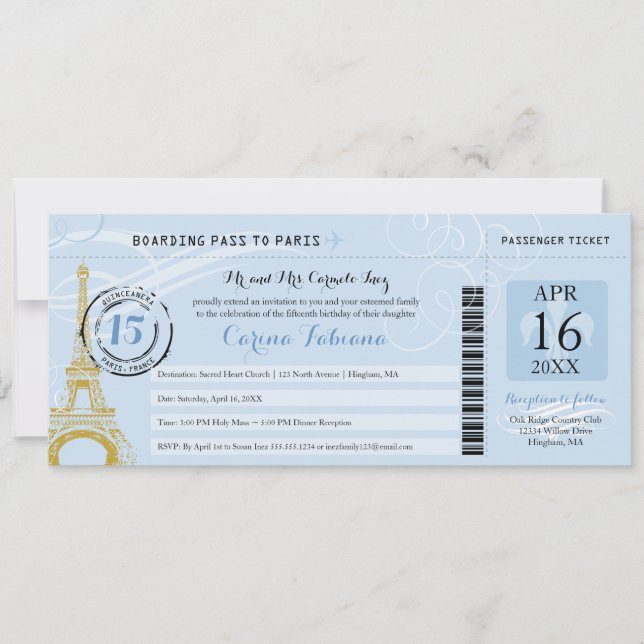 Light Blue Quinceanera Boarding Pass to Paris Invitation (Front)