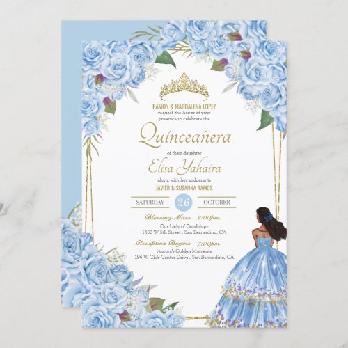 Light Blue Quinceanera Elegant Dress Rose Floral I Invitation