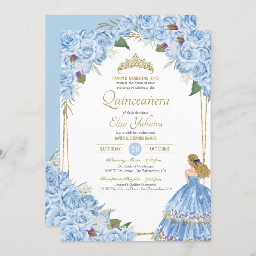 Light Blue Quinceanera Elegant Dress Rose Floral I Invitation
