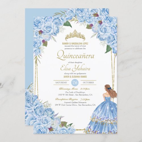 Light Blue Quinceanera Elegant Dress Rose Floral Invitation