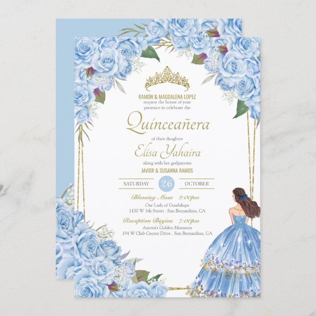 Light Blue Quinceanera Elegant Dress Rose Floral Invitation (Front/Back)