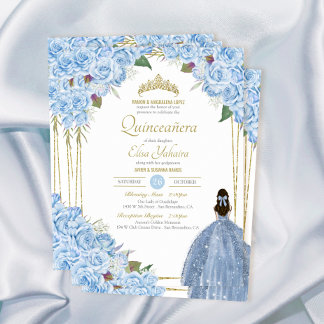 Light Blue Quinceanera Floral Rose Elegant Quince Invitation