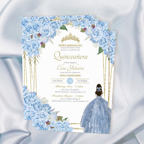 Light Blue Quinceanera Floral Rose Elegant Quince  Invitation