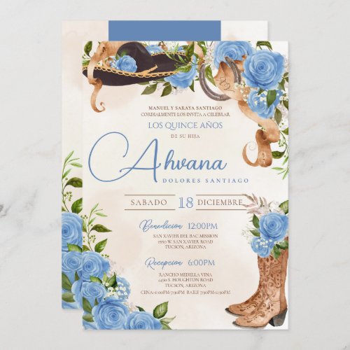 Light Blue Quinceanera Vintage Charro Western Rose Invitation