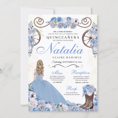 Light Blue Ranchero Princess Dress Quinceanera Invitation