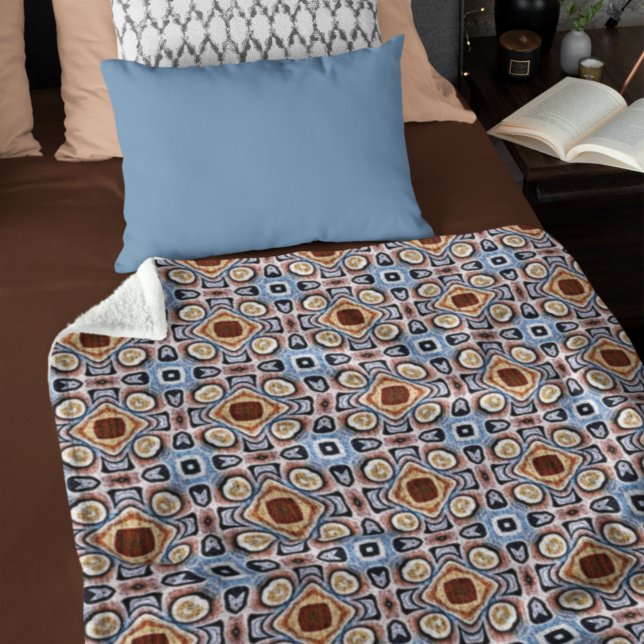 Light Blue Red Beige Brown Bohemian Art Pattern Fleece Blanket (Creator Uploaded)