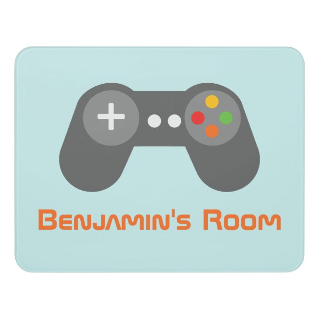 Light Blue Retro Game Controller Kids Door Sign (Contemporary Front)