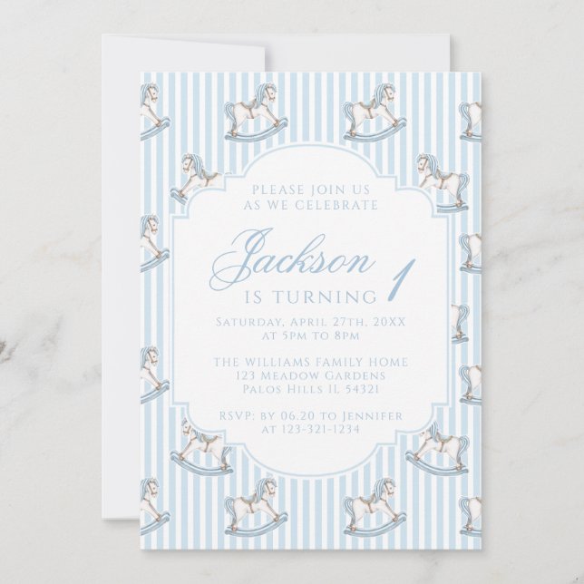 Light blue rocking horse striped boho birthday boy invitation (Front)