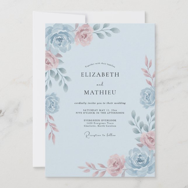 Light Blue Romantic Watercolor Wedding Invitation (Front)