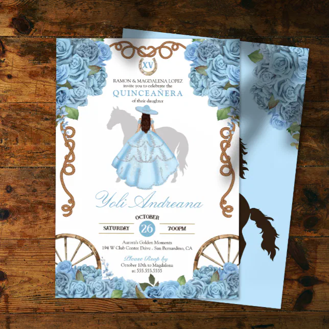 Light Blue Rose Charra Quinceanera Invitation Zazzle