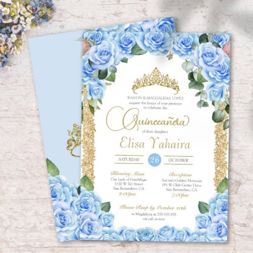 Light Blue Rose Floral Gold Elegant Quinceanera Invitation
