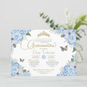 Light Blue Rose Floral Tiara Butterfly Quinceanera Invitation (Standing Front)