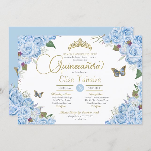 Light Blue Rose Floral Tiara Butterfly Quinceanera Invitation (Front/Back)