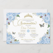 Light Blue Rose Floral Tiara Butterfly Quinceanera Invitation (Front)