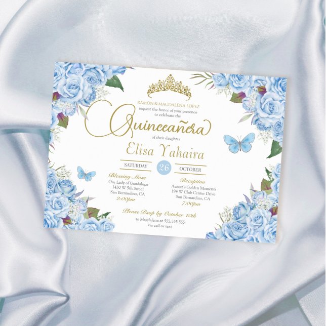 Light Blue Rose Floral Tiara Butterfly Quinceanera Invitation (Creator Uploaded)