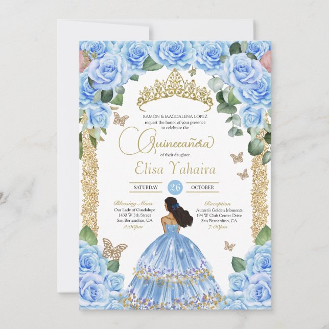 Light Blue Rose & Gold Butterfly Quinceañera Invitation (Front)