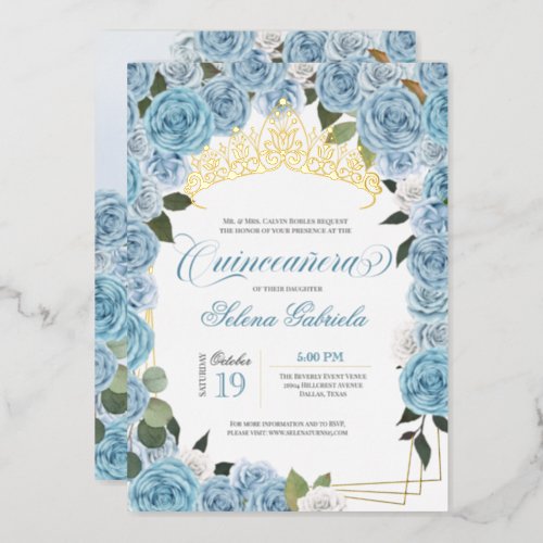Light Blue Roses Princess Quinceanera Real Gold Foil Invitation