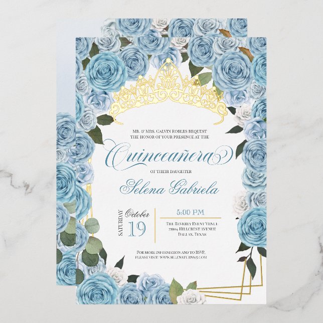 Light Blue Roses Princess Quinceanera Real Gold Foil Invitation (Front/Back)