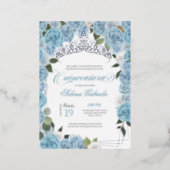Light Blue Roses Princess Quinceanera Tiara Real  Foil Invitation (Standing Front)
