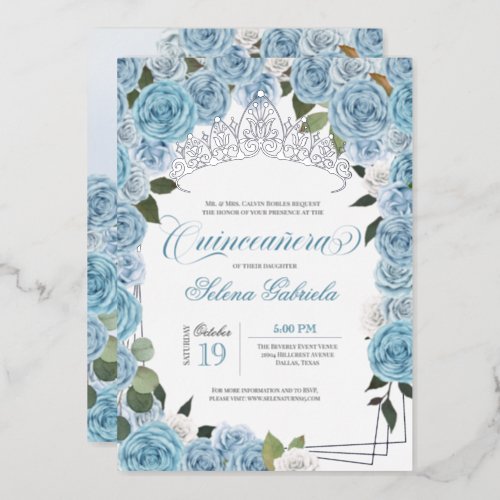Light Blue Roses Princess Quinceanera Tiara Real  Foil Invitation