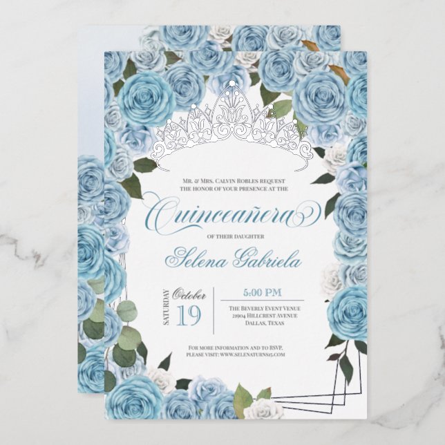 Light Blue Roses Princess Quinceanera Tiara Real  Foil Invitation (Front/Back)