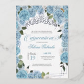 Light Blue Roses Princess Quinceanera Tiara Real  Foil Invitation (Front)