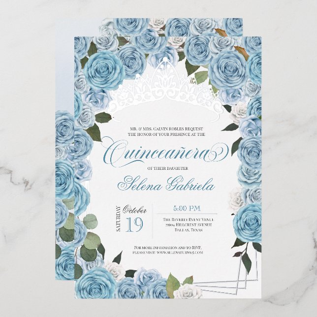 Light Blue Roses Princess Quinceanera Tiara Real  Foil Invitation (Front/Back)