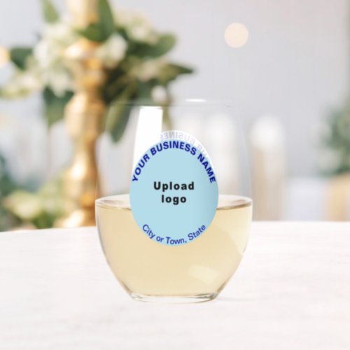 Light Blue Round Business Brand on Stemless Wine Glass
