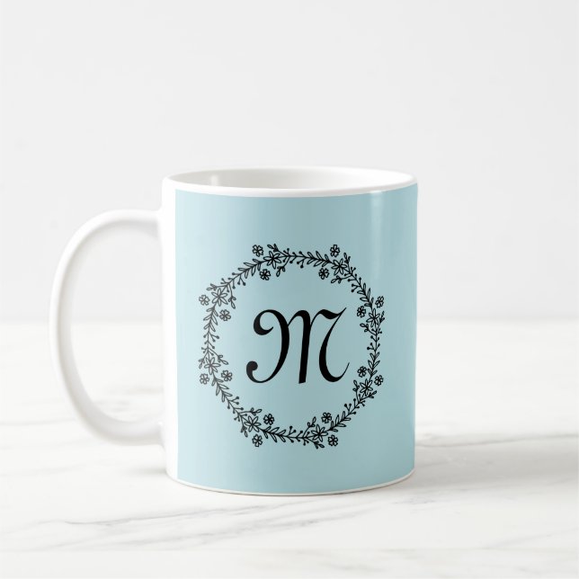 Light Blue Rustic Custom Monogram Wreath Coffee Mug (Left)