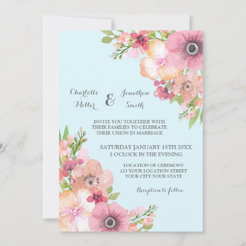 Light Blue Rustic Pink Flowers Wedding Invitations