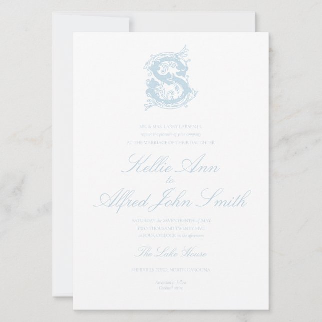 Light Blue "S" Monogram Wedding Invitation (Front)