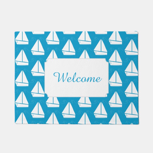 Light Blue Sailboat Pattern | Add Your Text Doormat (Front)