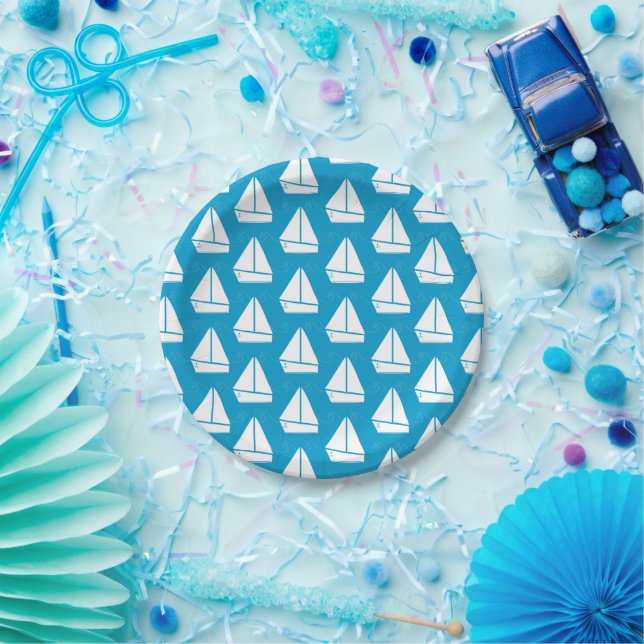 Light Blue Sailboat Pattern Paper Plates (Party)