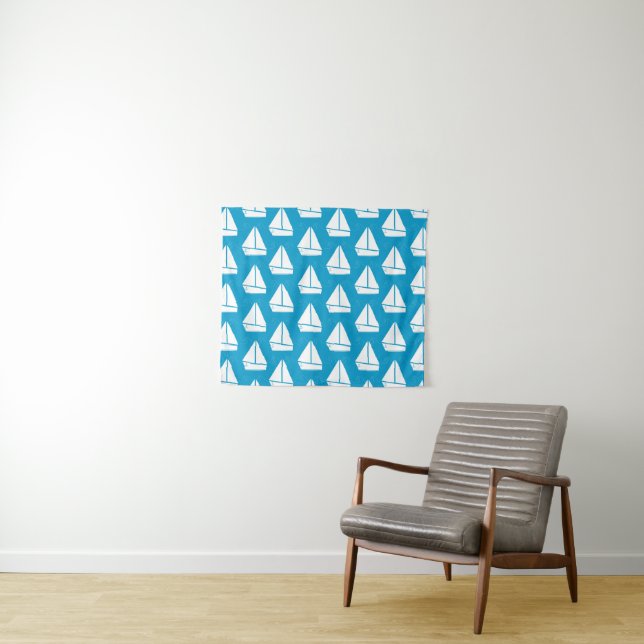 Light Blue Sailboat Pattern Tapestry (In Situ (Horizontal))
