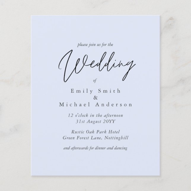 Light Blue Script Typography only Budget Wedding (Front)