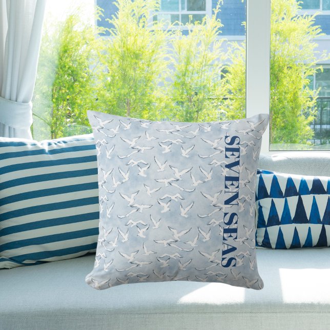 Light blue seagulls birds text modern coastal outdoor pillow (Creator Uploaded)